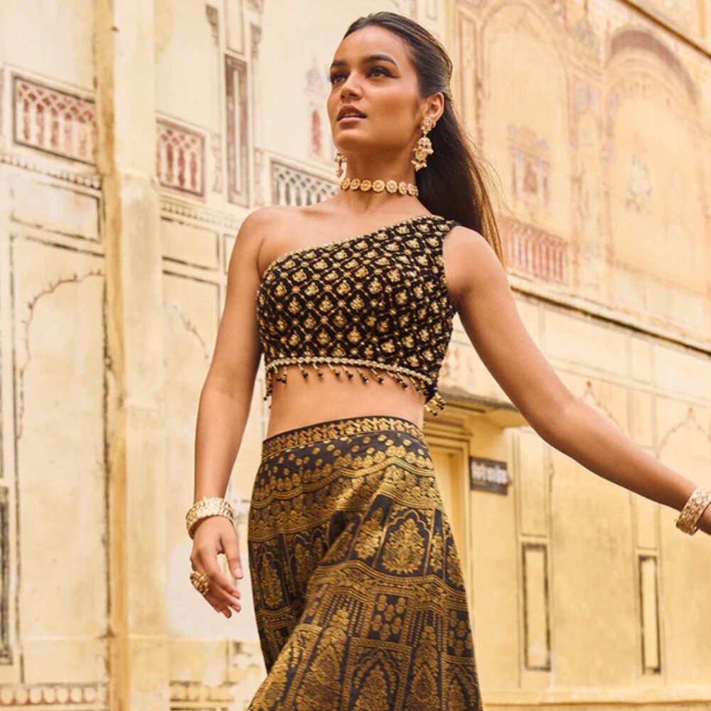 Black and Gold Embroidered Pant Set